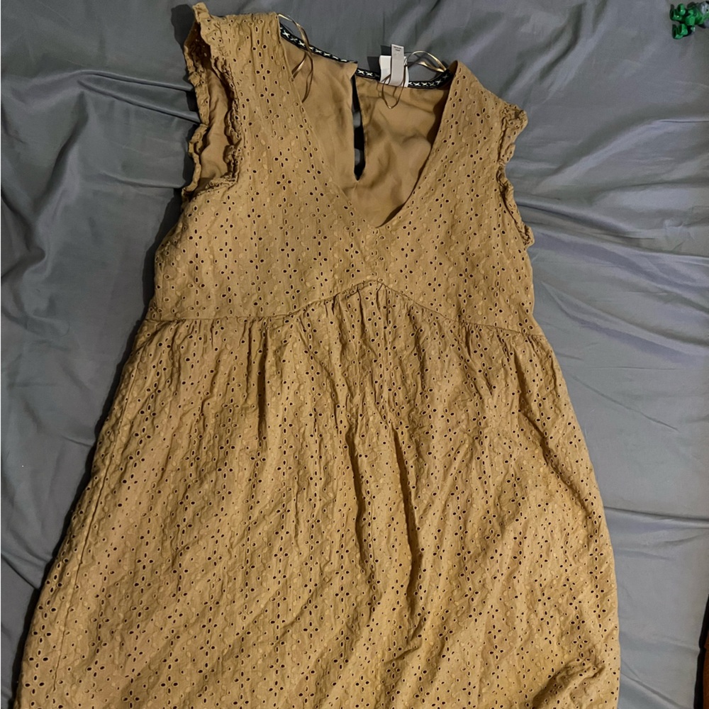 Knox Rose Tan Eyelet Dress with Embroidered Trim